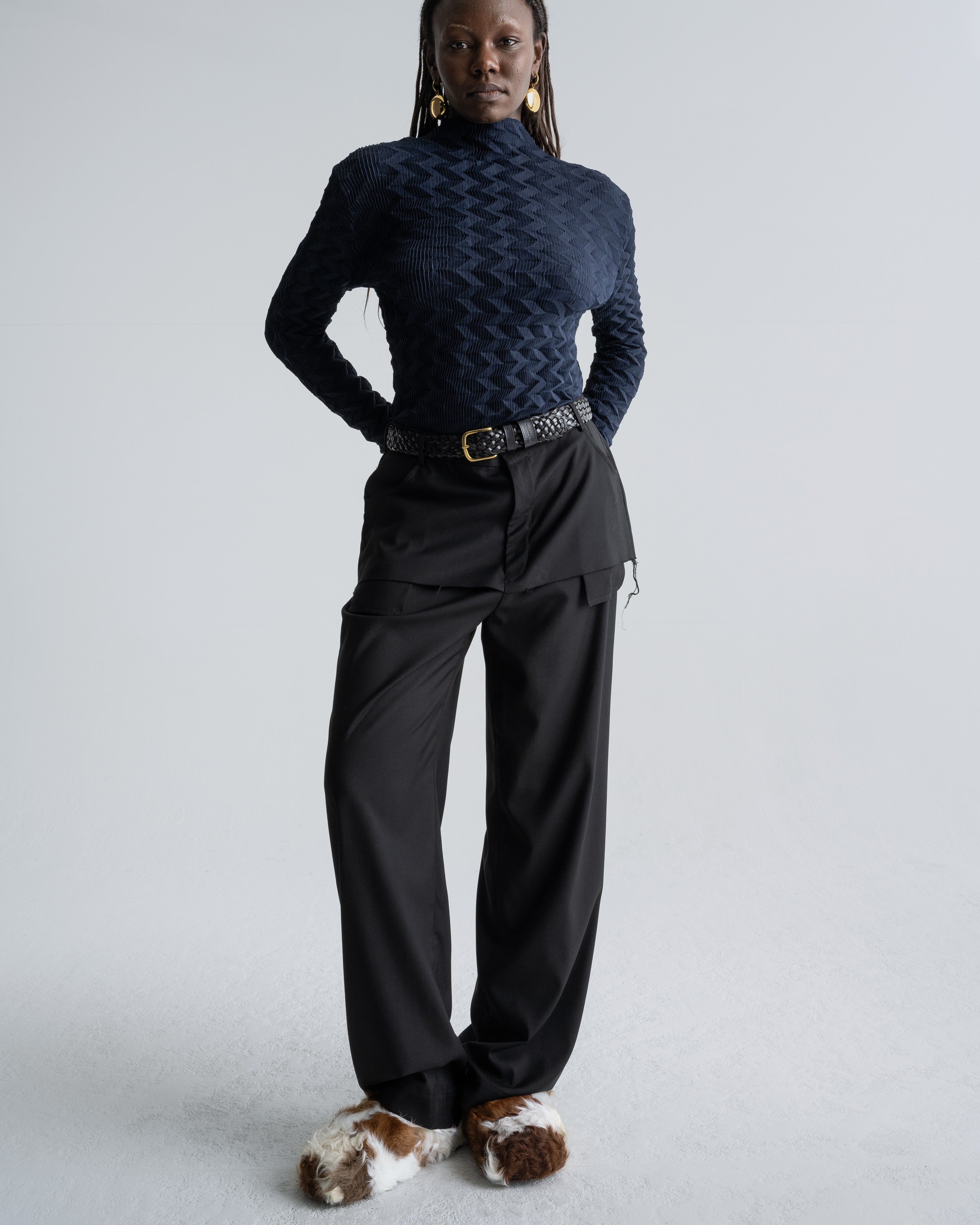 PLISSEE TOP navy · diamond pleated rayon · Size ONESIZE